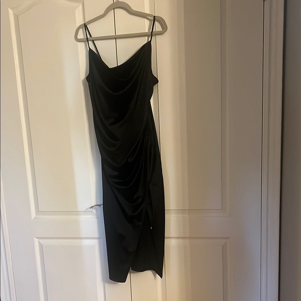 Midi Satin Slip Dress with Draped Detail - Black